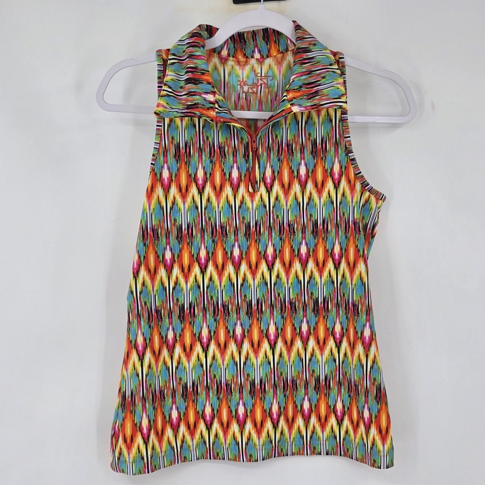 Tzu Tzu Shirt Womens Small Multicolor Geometric Sleeveless Quarter Zip Golf Polo